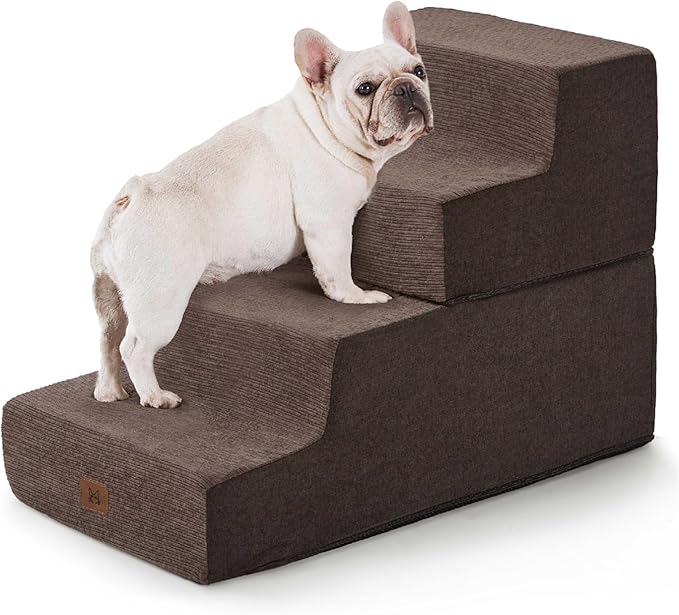Dog Stairs for High Bed, Dog Steps for Bed Couch Sofa, 35D Foam Extra Wide Pet Steps for Small Dogs and Cats, Pet Stairs with Non-Slip Bottom Brown, 4 Steps-PawvioPets