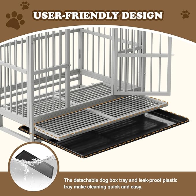 Dog Crate with Removable Tray, 37/42/46 Inch Indestructible and Escape Proof Steel Dog Cage Kennel for High Anxiety Dogs, Heavy Duty Dog Crate with Wheels, Double Door, Extra Large XL XXL-PawvioPets