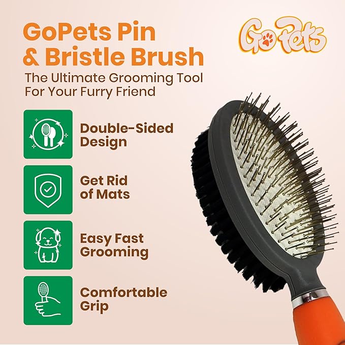 GoPets Double-Sided Pin & Bristle Brush, Dog & Cat Grooming Brush for Detangling, Shedding Control, Fur & Dirt Removal, Smooth & Efficient Pet Grooming for Healthy Coat, Comfortable Ergonomic Handle-PawvioPets