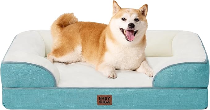 EHEYCIGA Orthopedic Dog Beds for Large Dogs, Waterproof Memory Foam Large Dog Bed with Sides, Non-Slip Bottom and Egg-Crate Foam Pet Couch Bed with Washable Removable Cover, Turquoise Blue-PawvioPets