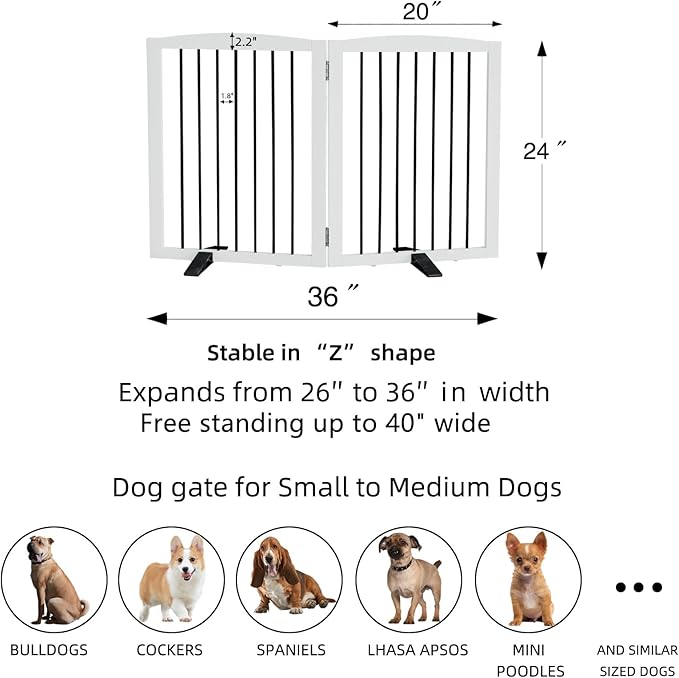 Freestanding Panel Gate for Indoor Doorways, Stairs, or Hallways, Foldable Wooden Gate for Dogs, Support Feet Included, 24" Height - 2 Panels, White-PawvioPets