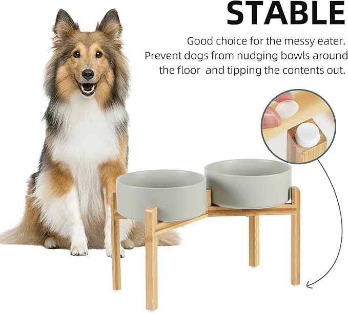Ceramic Raised Double Bowls Set with Stand, Food & Water Bowls for Large Breed Dogs, Weighted Dog Dishes, Pet Bowl(8.2'',60OZ, Grey)-PawvioPets