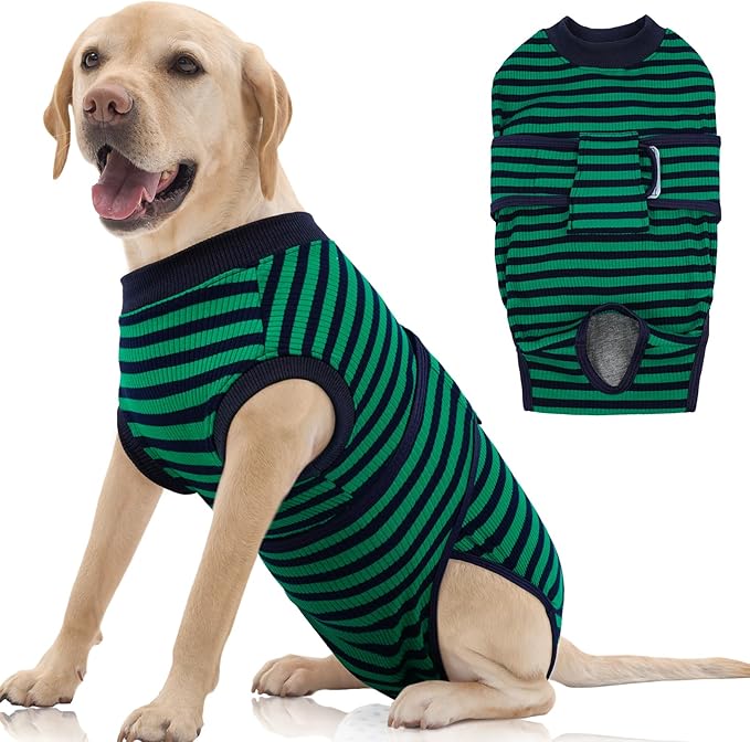 FUAMEY Recovery Suit for Dogs After Surgery,Soft Breathable Dog Bodysuit E-Collar & Cone Alternative Surgical Suit,Male Female Dog Neuter Spay Suits Anti Licking Wounds Onesie Green Black Stripes L-PawvioPets