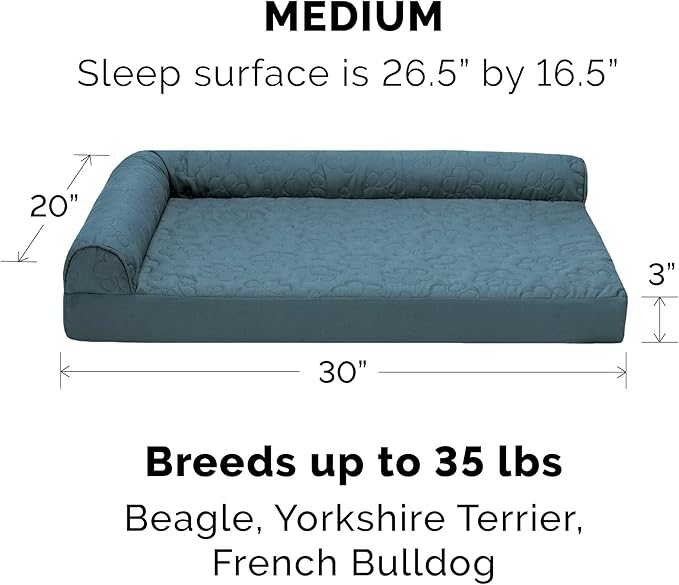 Furhaven Cooling Gel Dog Bed for Medium/Small Dogs w/ Removable Bolsters & Washable Cover, For Dogs Up to 35 lbs - Pinsonic Quilted Paw L Shaped Chaise - Bluestone, Medium-PawvioPets