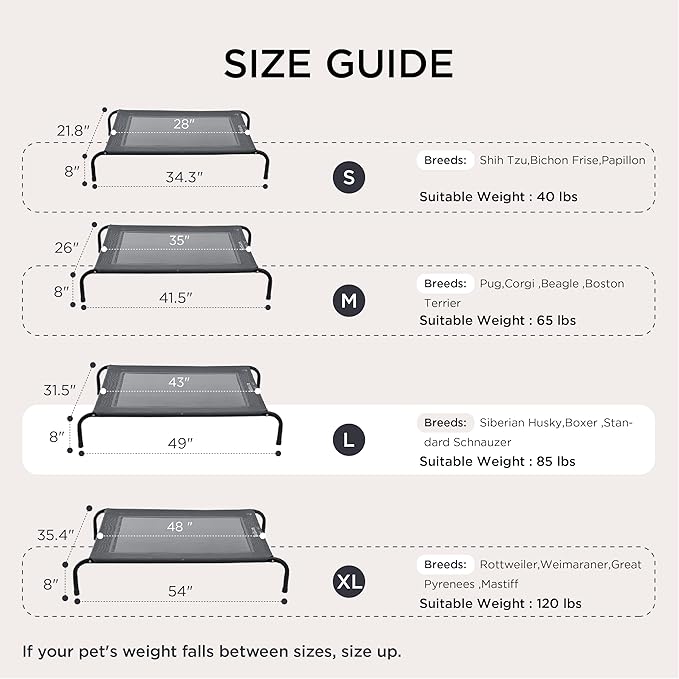 Bedsure Outdoor Elevated Dog Bed Large Sized Dog, Portable Indoor & Outdoor Cooling Raised Cot Pet Hammock Bed with Skid-Resistant Feet, Frame with Breathable Mesh, Grey, 49 inches-PawvioPets