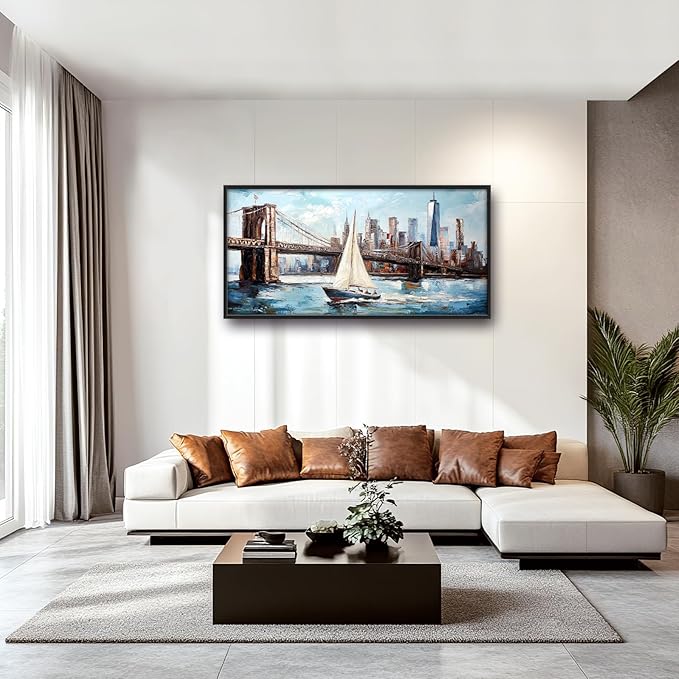 Extra Large Sailboat Framed Wall Art for Living Room,Oversized New York Brooklyn Bridge Pictures Wall Decor,Cityscape Canvas Print Painting Modern Artwork Bedroom Office Bathroom 60L" x 30W"-PawvioPets