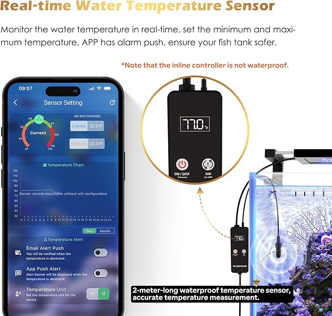 GLOWRIUM Saltwater Aquarium Light, Smart Reef Coral Fish Tank Light with Bluetooth + WiFi Dual Control App, DIY Spectrum, Brightness Adjustable, Anti-Drop, Real Time Water Temperature Sensor(24-30 in)-PawvioPets