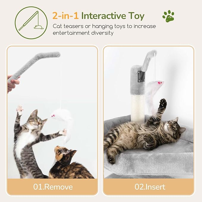 Globlazer Large Cat Tree Tower, Tall Cat Tree Condos for Indoor Cats Large Adult Cat Climbing Tower with 2 Spacious Caves, Oversized Top Perch, Big Hanging Basket, Cat Teaser Wand, F74B, Light Grey-PawvioPets