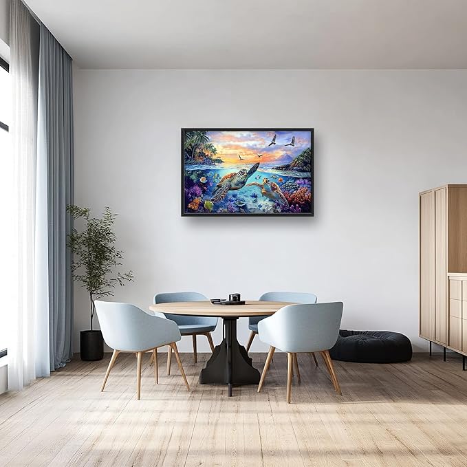 Framed Large Sea Turtle Wall Art for Living Room, Oversized Ocean Turtle Wall Decor Seascape Underwater Marine Life Canvas Painting Home Decoration for Living Room Bedroom Office 36"x24"-PawvioPets