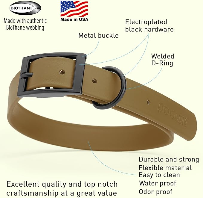 Dogline Biothane Waterproof Dog Collar Strong Coated Nylon Webbing with Black Hardware Odor- Proof for Easy Care Easy to Clean High Performance Fits Small Medium or Large Dogs, Coyote Brown-PawvioPets