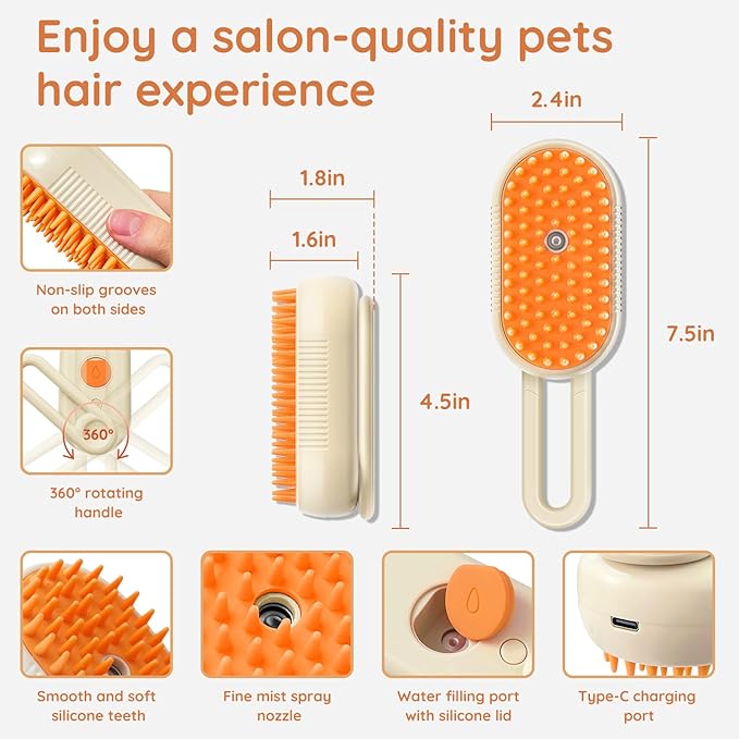GKZ Cat Steam Brush, 3 in 1 Pet Comb for Massage, Cleaning, Shedding and Combing, Electric Mist to Prevent Flyaways for Home, Dogs and Cat Lovers - Khaki-PawvioPets