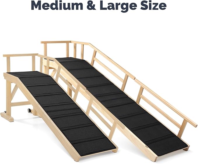 Dog Ramp for Bed or Couch, Wooden Pet Ramp with 20° Gentle Slope, Removable Side Rails, Non-Slip Surface, Top Platform & Wheels, Safe Bed Ramp for Small, Medium & Senior Dogs, 74" Long, Natural-PawvioPets
