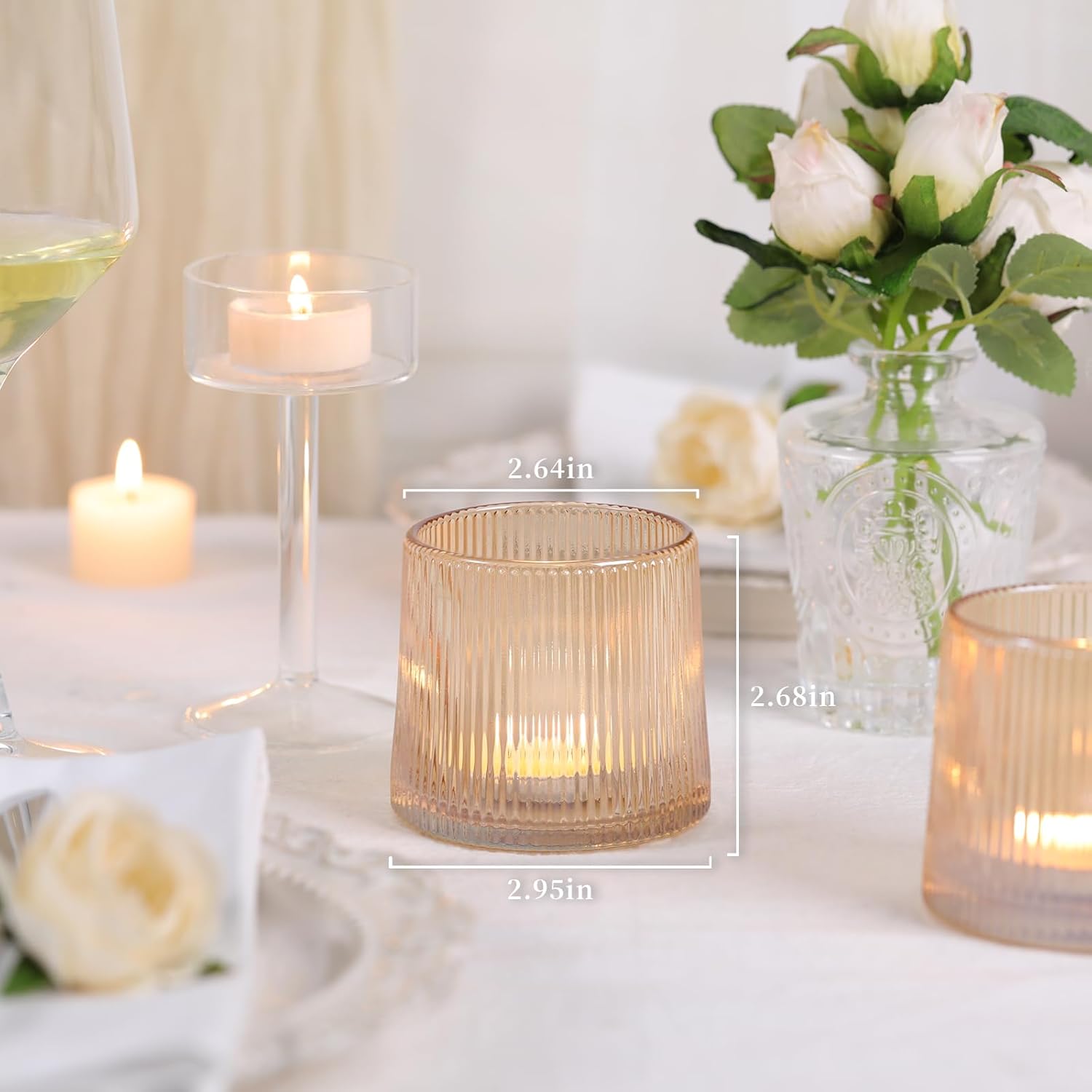 DARJEN Gold Ribbed Tealight Votive Candle Holders- 6Pack Glass Candle Holders for Table Centerpiece, Home Decor, Wedding Decor, Party Dinner