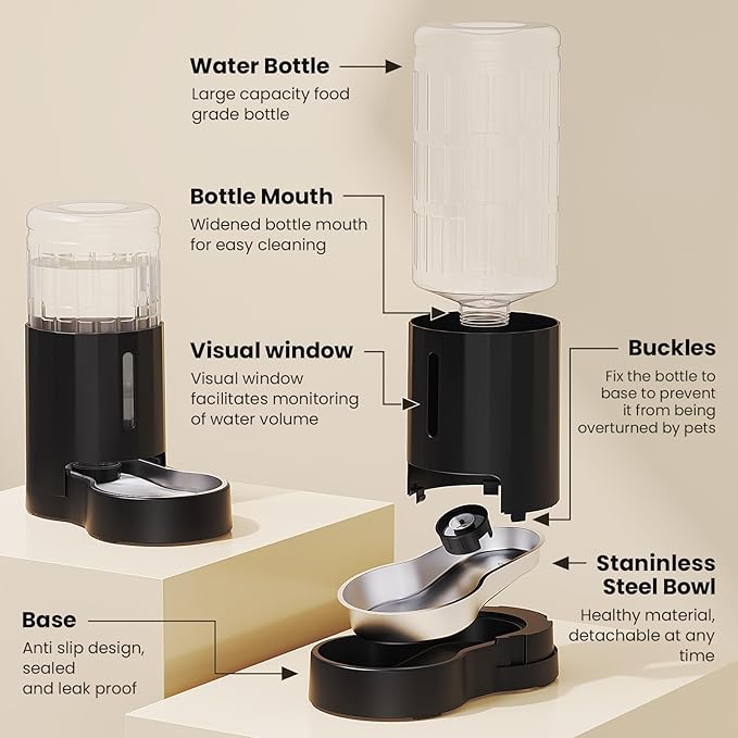 CZPET Automatic 7L Dog and Cat Water Dispenser with Stainless Steel Bowl Gravity Waterer,100% BPA-Free,Large Capacity and Drinking Area Noise-Free for Pets(7L Water Dispenser, Black)-PawvioPets