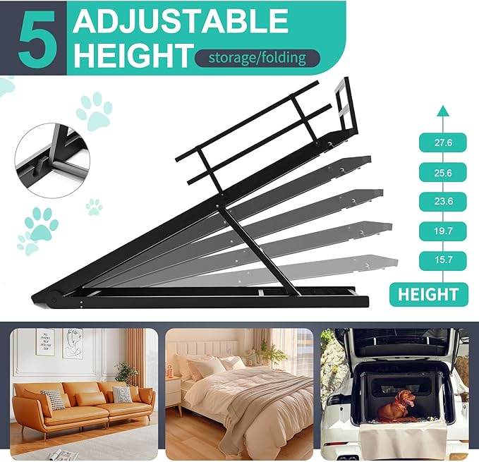 Dog Ramp, 5 Level Adjustable Height Folding Pet Ramp for High Bed, Portable Paw Ramps Large Bed Ramp for Medium & Large Old Dogs & Cats - Natural Wood Furniture Quality-PawvioPets