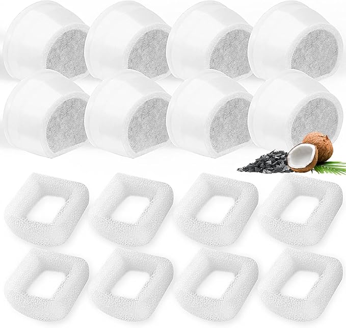 16 Pack Cat Water Fountain Filters Replacement, 8 Carbon Filters and 8 Foam Sponge Pre-Filter Fit for Multiple Ceramic and Stainless Steel Pet Fountains-PawvioPets