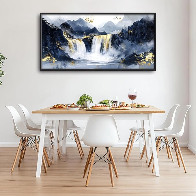 Extra Large Abstract Golden Waterfall Framed Wall Art for Living Room,Oversized Foggy Mountain Pictures Wall Decor,Canvas Print Painting Modern Artwork Bedroom Office Bathroom 60L" x 30W"-PawvioPets