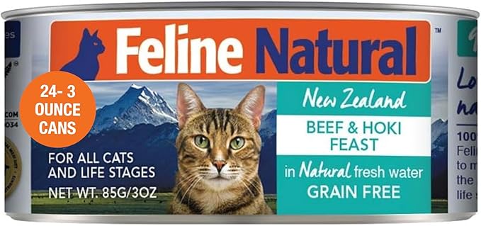 Feline Natural New Zealand Canned Catfood Wet Food, High-Meat, Low-Carb, & Grain Free Cat Food Wet, Beef & Hoki Feast, 3 oz, Pack of 24-PawvioPets