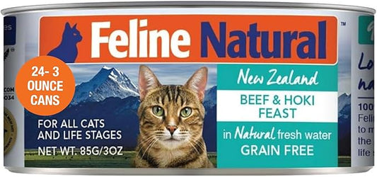 Feline Natural New Zealand Canned Catfood Wet Food, High-Meat, Low-Carb, & Grain Free Cat Food Wet, Beef & Hoki Feast, 3 oz, Pack of 24-PawvioPets