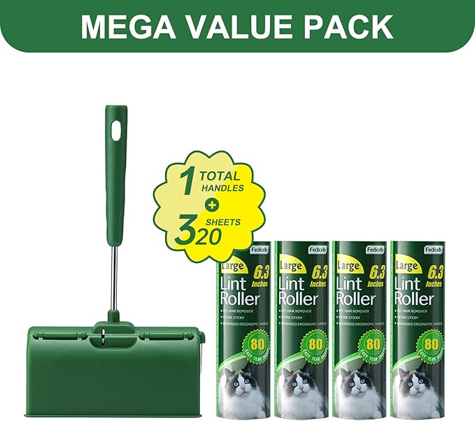 Fedicelly Large Lint Rollers Pet Hair Extra Sticky Furniture,Cat Dog Hair Remover Laundry Clothes Carpet,6.3 inches Wider with 320 Sheets Giant Lint Remover Brush for Couch-PawvioPets