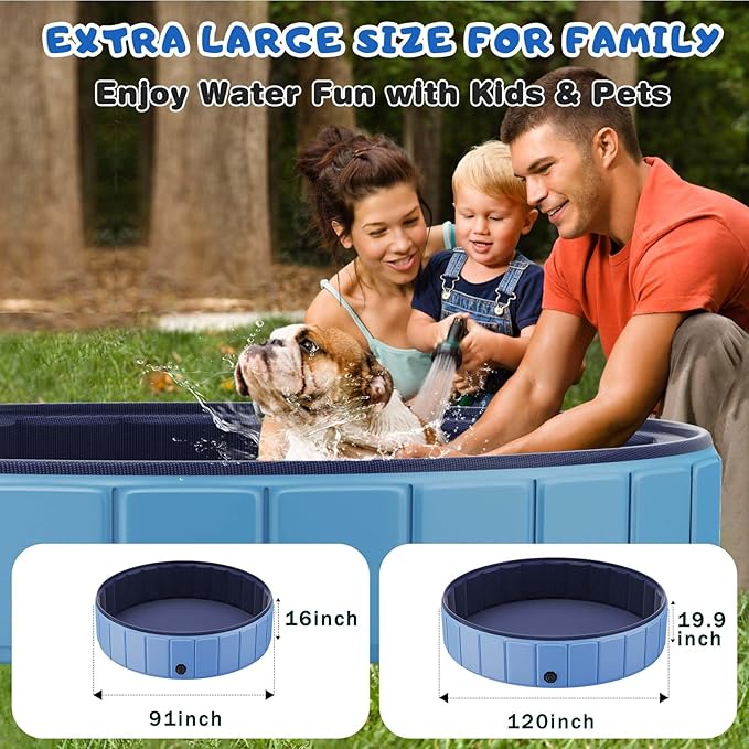 Foldable Dog Swimming Pool, Totiro 91"x16" Oversize Collapsable Hard Plastic Portable Bathing Tub for Pet Dog Kiddie Pool Indoor and Outdoor Leakproof PVC Play Pool for Large Dogs Pets Puppy Kids Blue-PawvioPets
