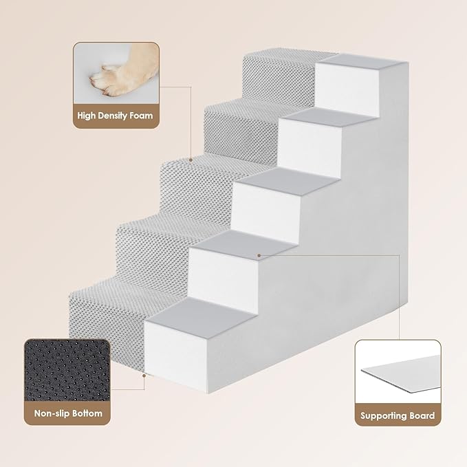 EHEYCIGA Dog Stairs for High Bed 22.5" H, 5-Step Dog Steps for Bed, Pet Steps for Small Dogs and Cats, Non-Slip Balanced Pet Ramp Indoor, Light Grey-PawvioPets