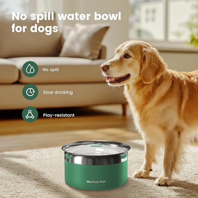 Gardner Pet Dog Bowls 1 Gallon (3.85L) Stainless Steel No Spill Dog Water Bowl, Slow Water Feeder Metal Bowls, Spill Proof Water Dispenser for Large Dogs, Promotes Healthy Hydration-PawvioPets
