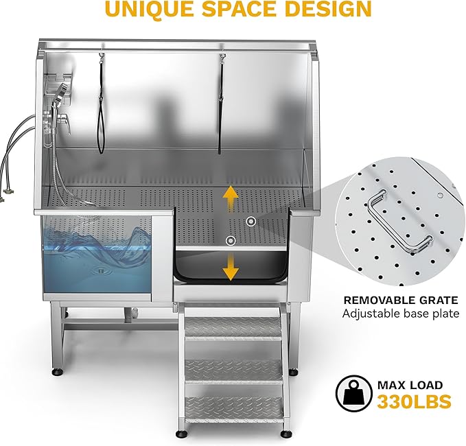 DWVO Professional Pet Dog Bathing Station for Grooming, 50'' Dog Grooming Bathtub with Right Staris, Floor Grate, Faucet, Showerhead & Soap Holder for Large, Medium & Small Pets-PawvioPets
