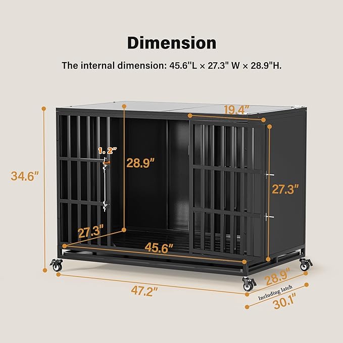 48 inch Heavy Duty Dog Crate with Self-Locking Latch, Indestructible Large Steel Kennel with Enclosed Design, Escape-Proof and Chew-Proof Pet Cage for High Anxiety Dogs-PawvioPets
