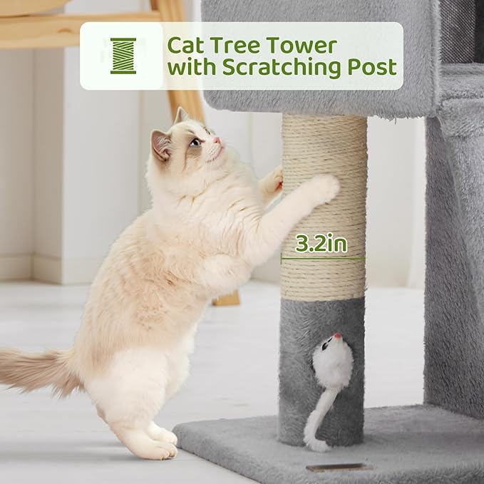 24inch Tall cat Tree with 2 cat condo and Mouse Toy Cozy Small cat Tower with Scratching Post and Board for Kitties and Small Cats.（Light Grey）-PawvioPets