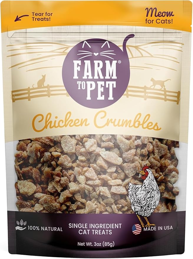 Farm To Pet - Cat Treat Crumbles - 3 oz Single Ingredient Chicken Treat and Snacks - Healthy for Indoor Cats and Kitten - Essential Products (Mix with Wet/Dry Food)-PawvioPets