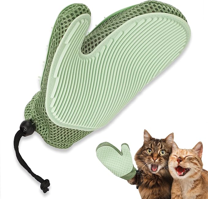 2 in 1 Pet Fur Glove & Cat Hair Remover Glove, Dog Grooming Glove Brush for Shedding, Massage, Efficient Pet Hair Remover Mitt for Couch, Carpet [Green/Single]-PawvioPets