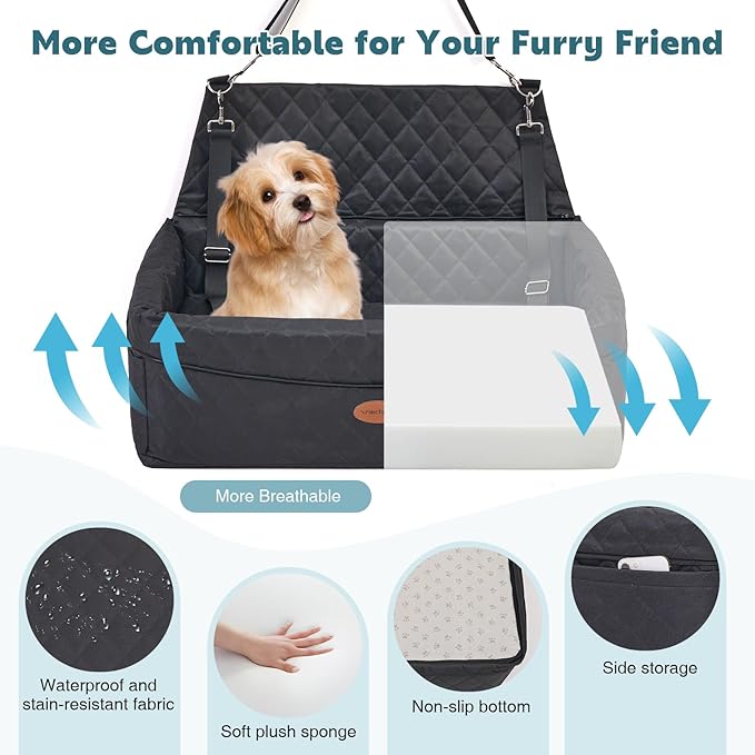 Dog Car Seat for Large/Medium Pet, Anti Slip Bottom Dogs Booster Seat for All Seasons,Pet Travel Bed with Thick Dog Sofa Cushion,2 Safety Leashes(Black)-PawvioPets