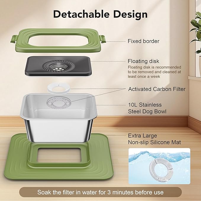 Decflow 10L Stainless Steel Dog Water Bowl, No Spill Anti-Splash Dog Bowls with XXL Silicone Mat, Spill-Proof Slow Feeder for Messy Drinkers, Heavy Duty Pet Bowls for Indoor/Outdoor Use-PawvioPets