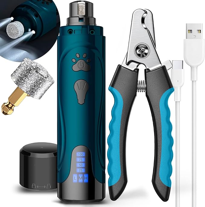 Dog Nail Trimmers and Dog Nail Clippers Kit, Whisper Quiet Electric Grinder with Light, for Small, Medium, Large Dogs, Cats Toenail Grooming, 3 Speeds-PawvioPets