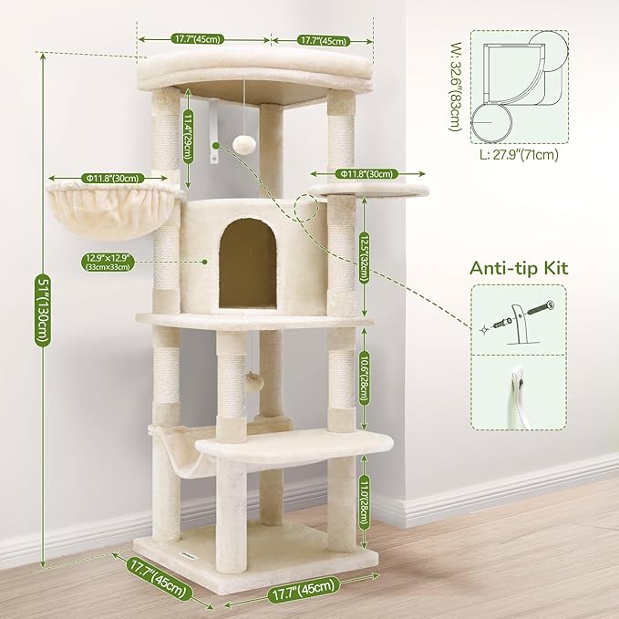 Globlazer Corner Cat Tree, 51in Curved Series Modern Cat Tower for Indoor Cats with Hammock, 7 Sisal Scratching Posts, Large Fan-Shaped Platform for Large Cats, Cat Condo & Hanging Basket, C51, Beige-PawvioPets