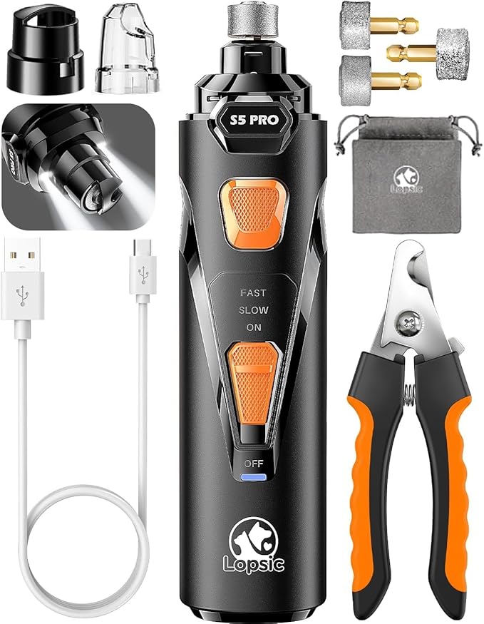 Dog Nail Grinder with 2 LED Lights Powerful 2 Speeds Super Quiet Dog Nail Trimmers with 3 Grinding Wheels Rechargeable Pet Dog Nail Clippers for Large Medium Puppy Dogs Dog Nail File Cat Nail Clipper-PawvioPets