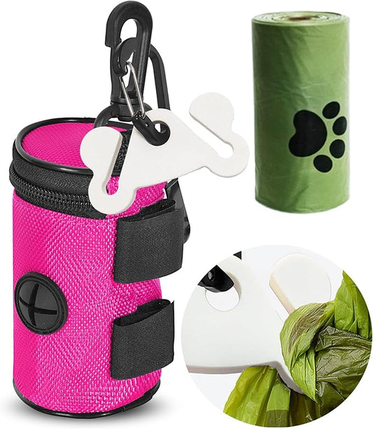 Dog Poop Bag Dispenser for Leash Attachment - Portable Set With Waste Bags & Hand-Free Carrier, Fits Any Leash, Round, Pink-PawvioPets