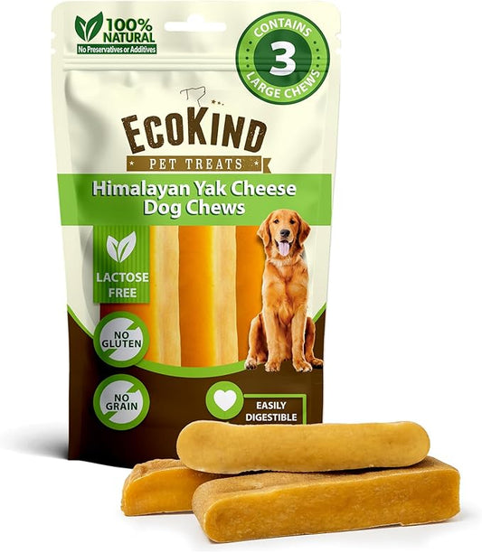 EcoKind Premium Gold Yak Cheese Himalayan Dog Chews, Dog Treats Large Breed, All Natural, High Protein, for Aggressive Chewers, Large - 3 Chews-PawvioPets
