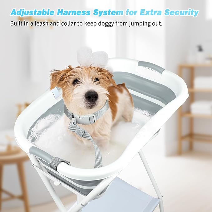 FHTONGE Elevated Dog Bathtub Grooming Station with Drain Adjustable Collar, 2 in 1 Collapsible Dogs Beautify Bathtub Portable Pet Washing Station, Pet Tub for Small Medium Dog Cat Shower Hairdressing-PawvioPets