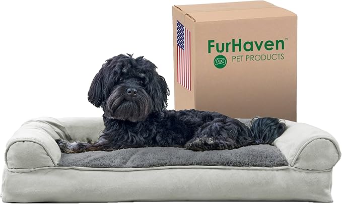 Furhaven Pillow Dog Bed for Medium/Small Dogs w/ Removable Bolsters & Washable Cover - Plush & Suede Sofa - Gray, Medium-PawvioPets