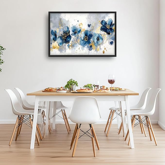 Extra Large Framed Abstract Blue Flower Wall Art,Oversized Golden Grey Floral Wall Decor Pictures for Living Room,Canvas Print Painting Modern Artwork Bedroom Office Bathroom Home Decor 36L" x 24W"-PawvioPets