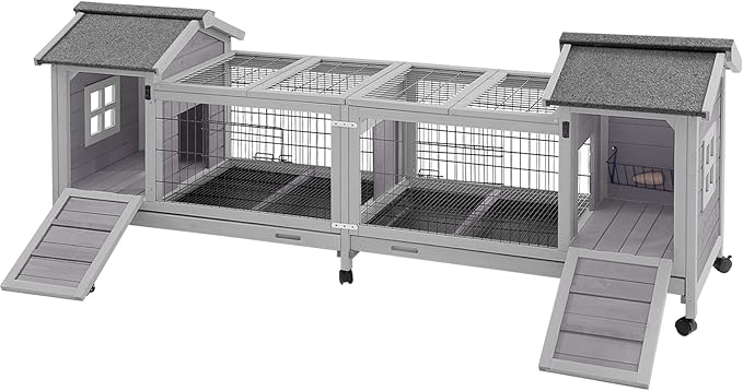 Aivituvin Rabbit Hutch Bunny Cage with Double House and Run Indoor Outdoor Guinea Pig House with Deeper No Leak Trays and Wheels-PawvioPets