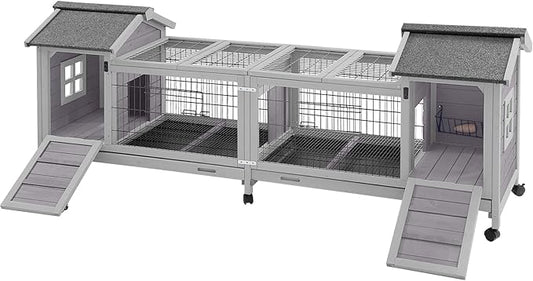 Aivituvin Rabbit Hutch Bunny Cage with Double House and Run Indoor Outdoor Guinea Pig House with Deeper No Leak Trays and Wheels-PawvioPets