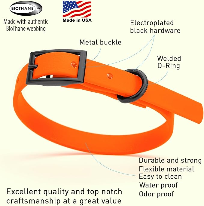 Dogline Biothane Waterproof Dog Collar Strong Coated Nylon Webbing with Black Hardware Odor- Proof for Easy Care Easy to Clean High Performance Fits Small Medium or Large Dogs, Hunter Orange-PawvioPets