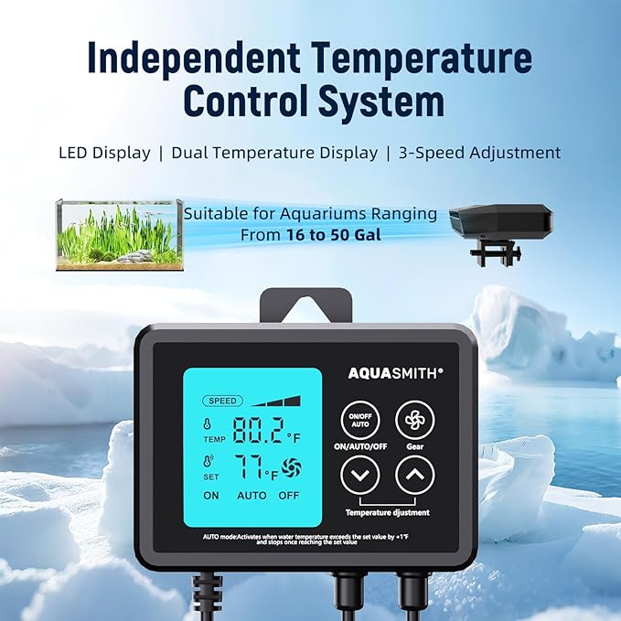 Aquarium Chiller Fan,Fish Tank Cooler with Temperature Control,Minimum Setting 59℉,Auto Start/Stop,Refrigeration Effect 5.4-9℉,3-Speed Modes,for Axolotl Seawater Freshwater Coral Grass Tank-PawvioPets