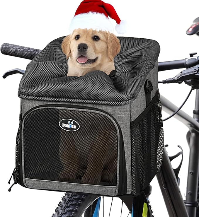 Dog Bike Basket Carrier, Pet Bicycle Front Carrier Backpack for Bike Riding Foldable Removable, Reflective Strips, 2 Side Storage Pockets, Pet Travel Bag for Cats Small Dogs-PawvioPets
