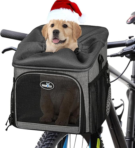 Dog Bike Basket Carrier, Pet Bicycle Front Carrier Backpack for Bike Riding Foldable Removable, Reflective Strips, 2 Side Storage Pockets, Pet Travel Bag for Cats Small Dogs-PawvioPets
