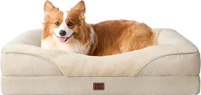 EHEYCIGA Memory Foam Dog Bed for Medium Size, Orthopedic Dog Sofa with Sides and Waterproof Liner, Washable Bolster Pet Couch with Removable Cover, 35x22x6.5 Inch, Beige-PawvioPets