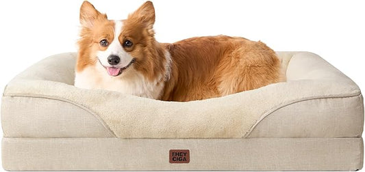 EHEYCIGA Memory Foam Dog Bed for Medium Size, Orthopedic Dog Sofa with Sides and Waterproof Liner, Washable Bolster Pet Couch with Removable Cover, 35x22x6.5 Inch, Beige-PawvioPets
